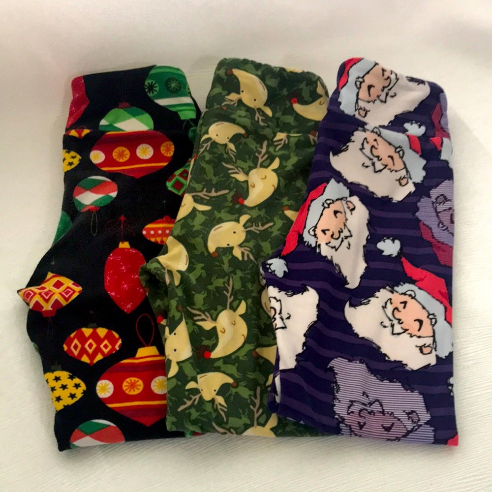 🎄3 Lularoe Christmas Leggings S/M: Reindeer, Ornaments, Santa Claus